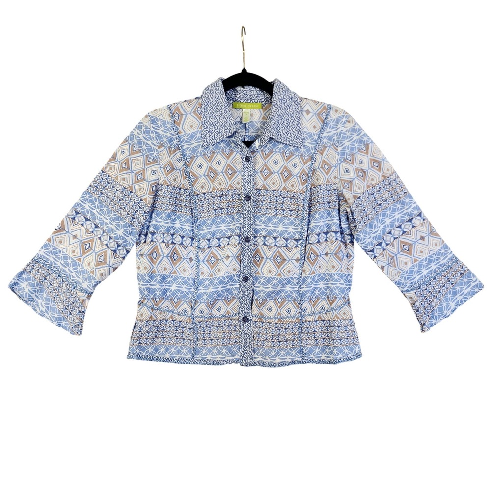 Sigrid Olsen Womens Geometric Print Button Down Blouse Petite Size Medium Blue